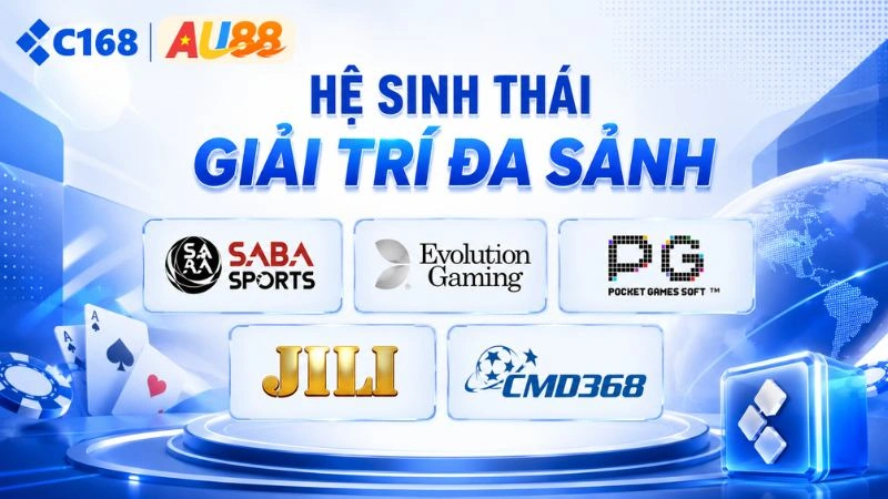 Tổng hợp các logo đối tác cung cấp sảnh cược uy tín tại C168 như Saba Sports, Evolution Gaming, PG Soft và CMD368.